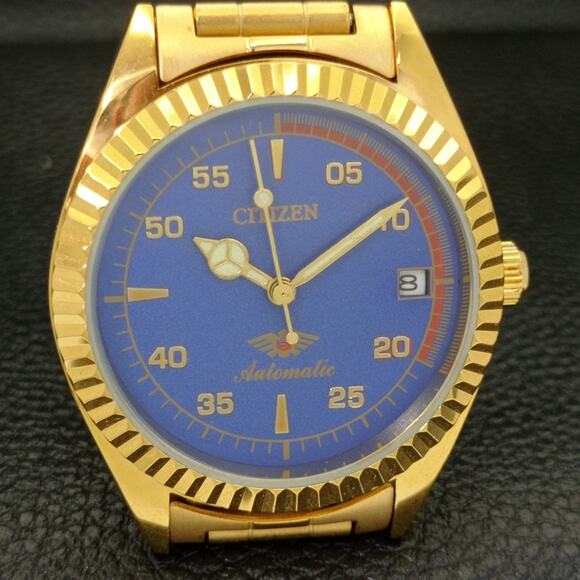 Vintage 1989 Citizen Automatic Mens Gold Watch W/daydate & Blue accents - Picture 4 of 8